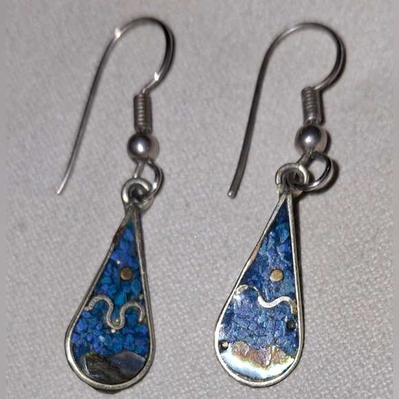 Vintage Mexico silver Teardrop Inlaid Turquoise hook earrings mexico Alpaca - Picture 5 of 8